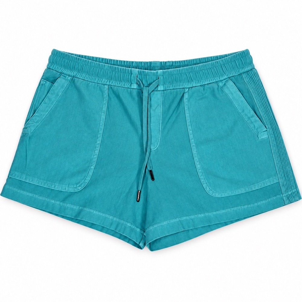 Athleta Farallon Shorts Turquoise Blue Organic Cotton Drawstring Pocket Womens L